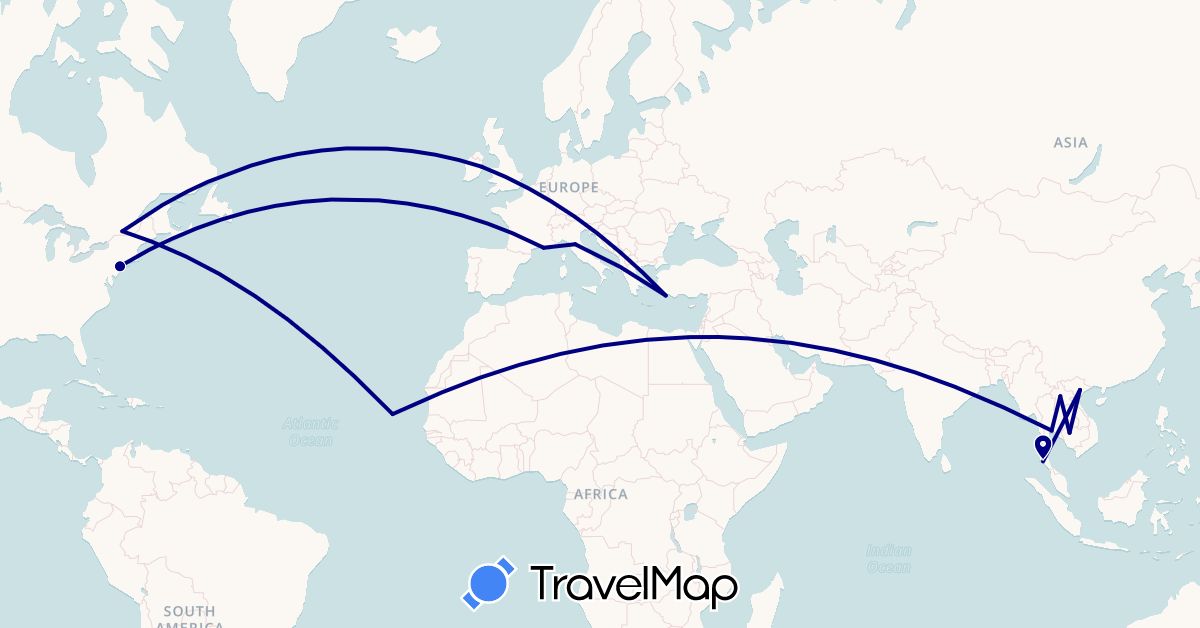 TravelMap itinerary: driving in Canada, Cape Verde, France, Greece, Ireland, Italy, Cambodia, Laos, Thailand, United States, Vietnam (Africa, Asia, Europe, North America)